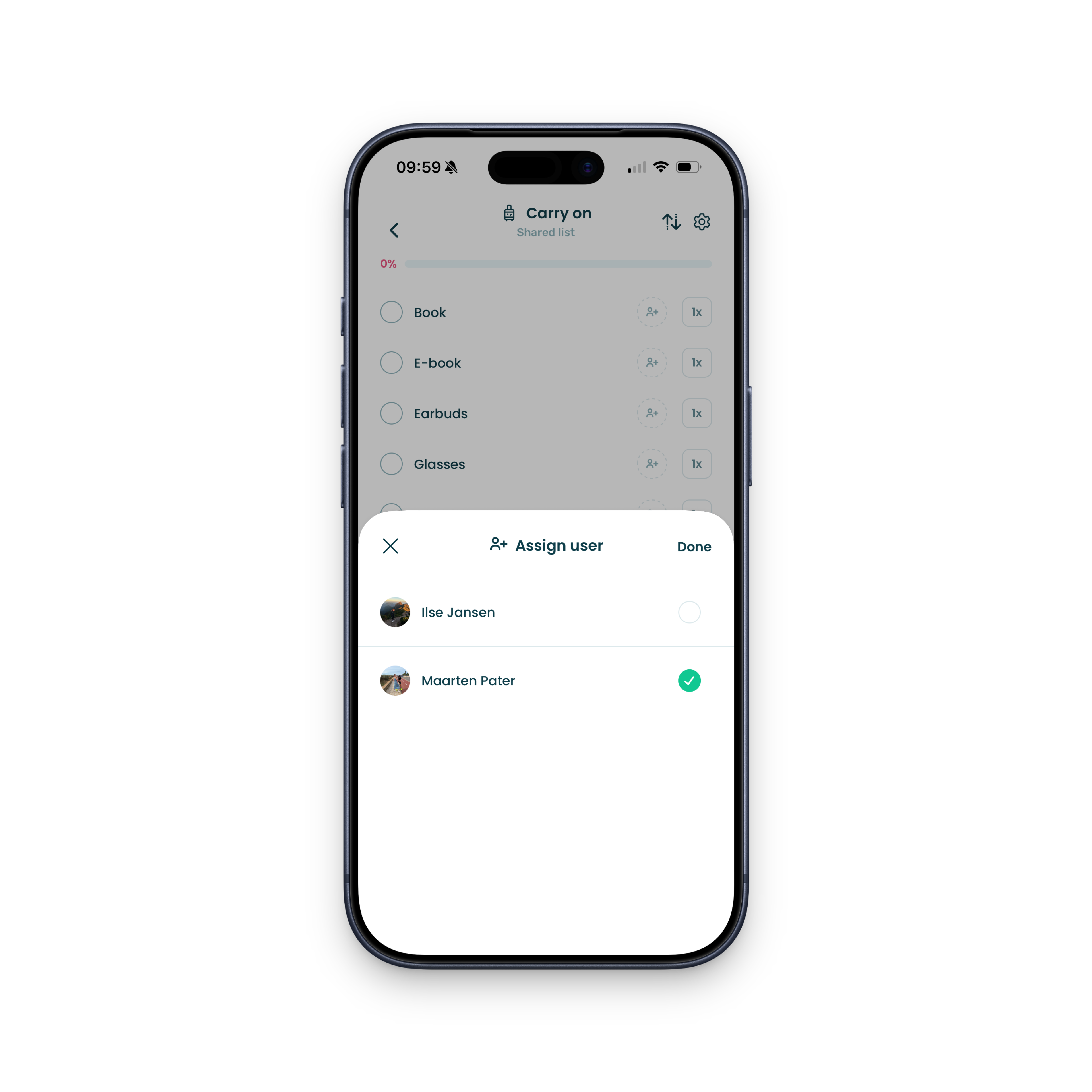 Shared packing list screenshot